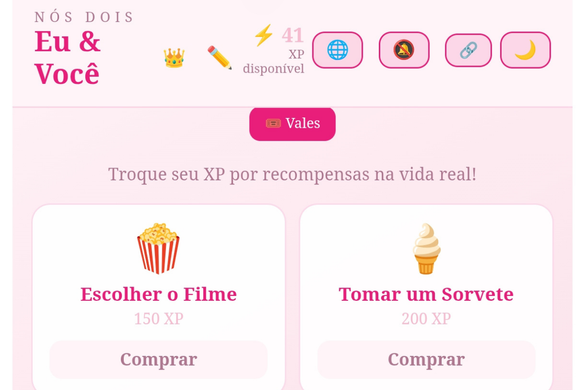 Registre momentos a dois, ganhe xp e troque por benefícios reais.